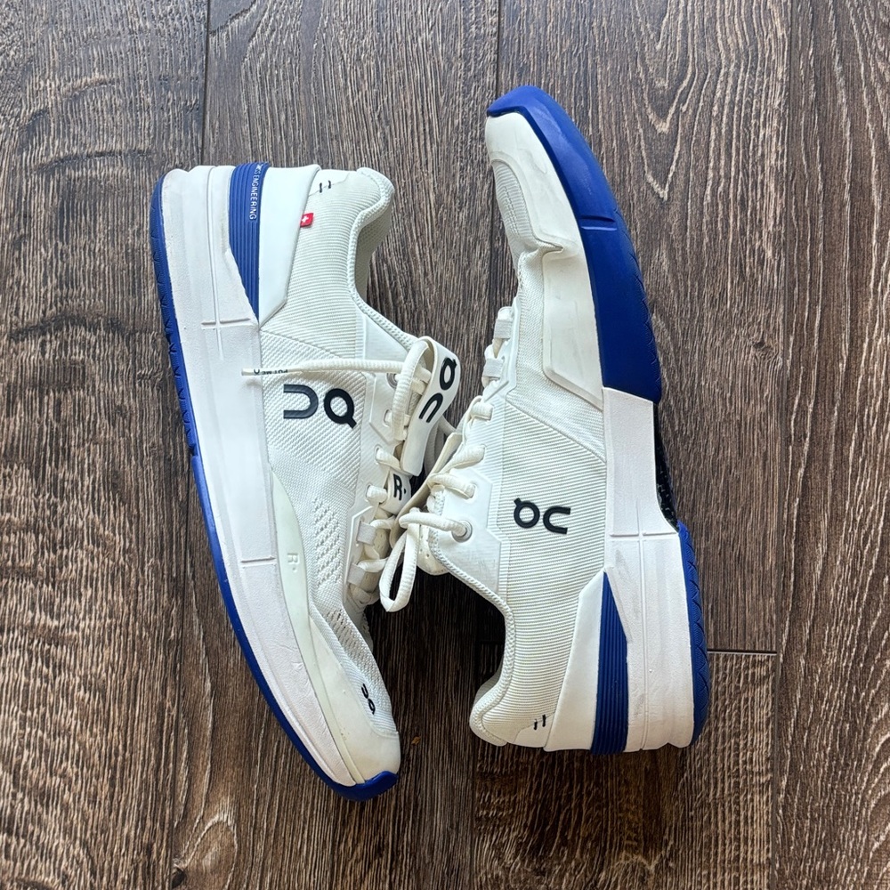 On Cloud White Athletic Running Shoes with Blue Accents